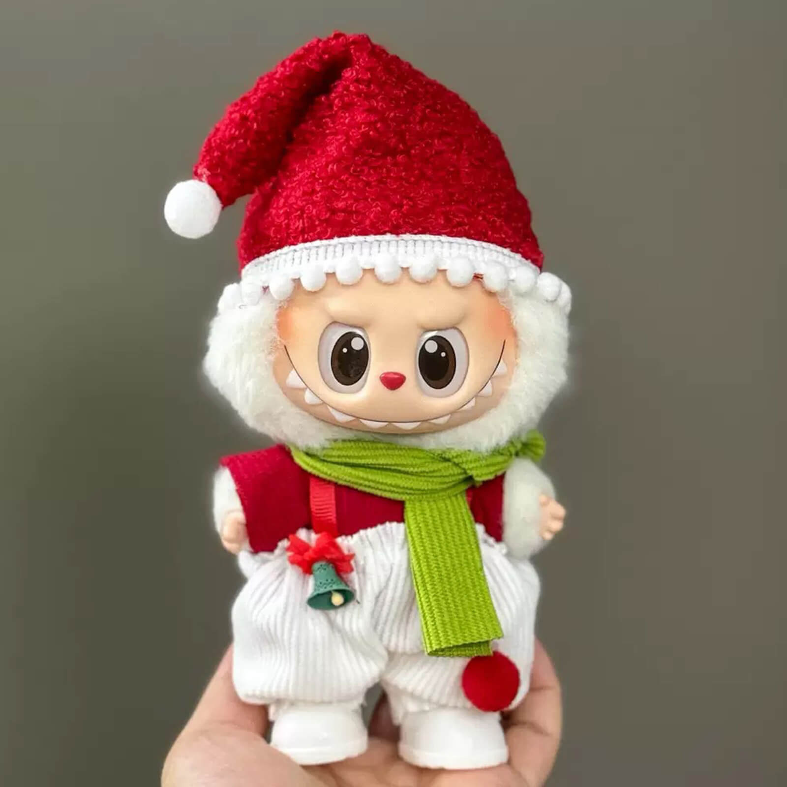 KIKIBUDDIES Labubu Christmas Elf Knit Set - Red Santa Hat + Top + Overalls + Scarf