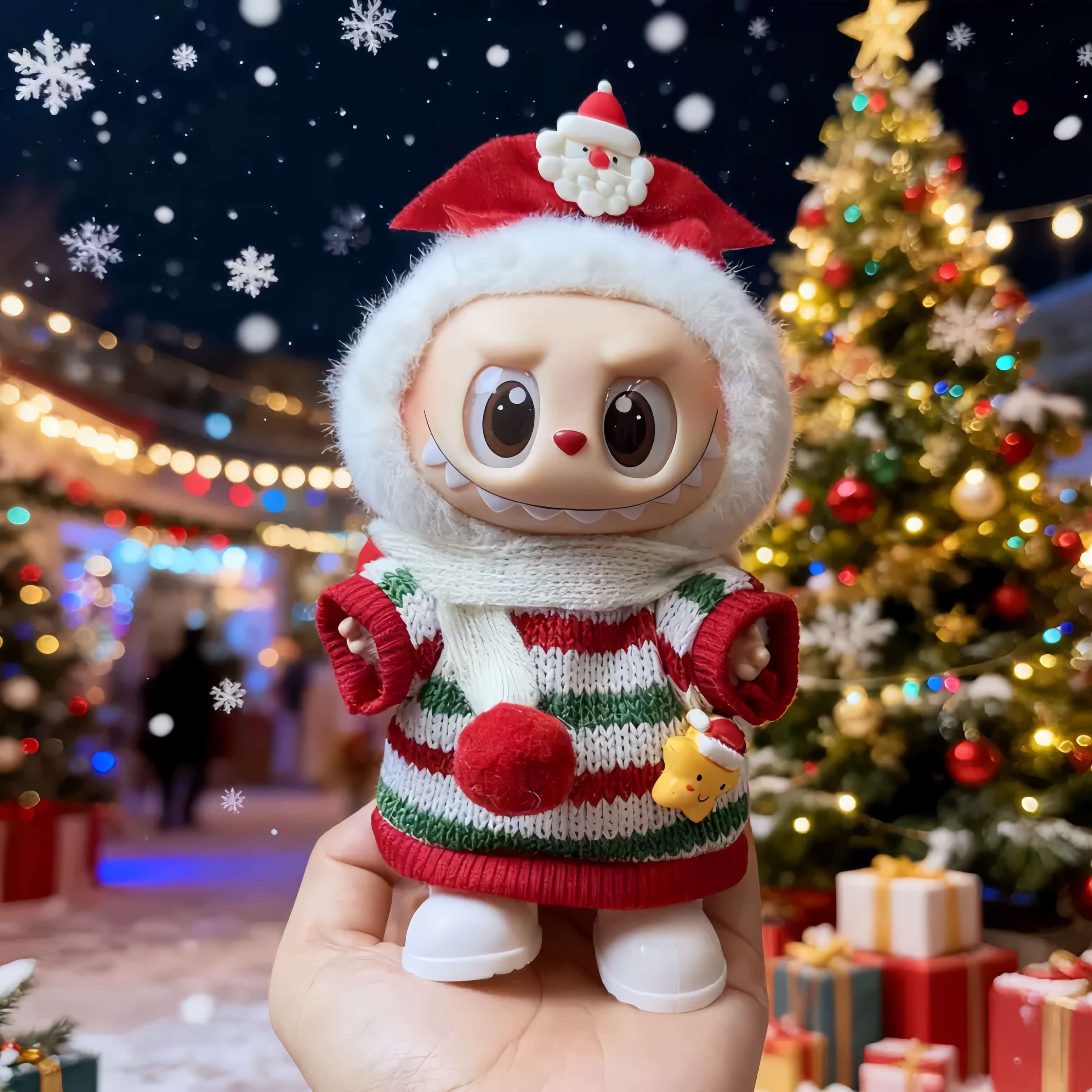 KIKIBUDDIES Labubu Christmas Knit Set – Santa Headpiece + Sweater + Scarf