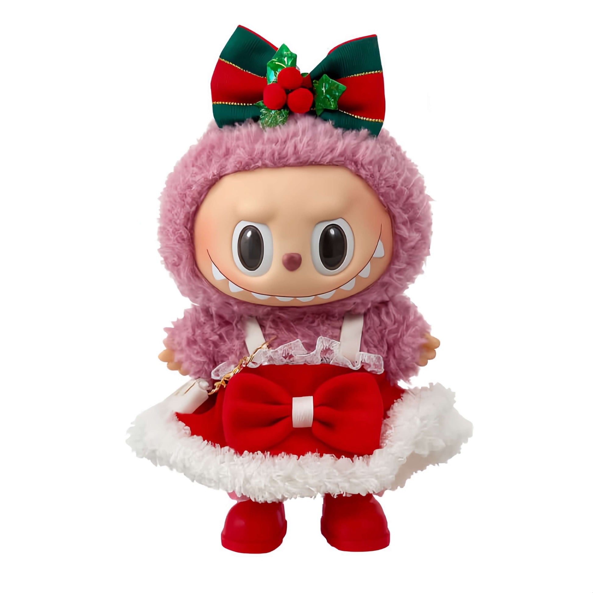 KIKIBUDDIES Labubu Christmas Plush Set – Bow Headpiece + Red Ruffled Dress