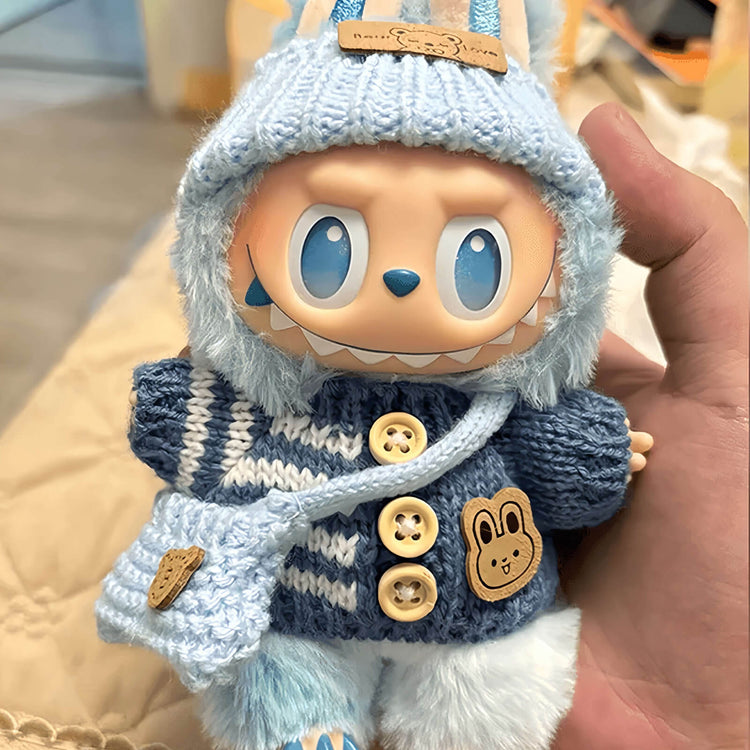 KIKIBUDDIES Labubu Light Blue Knit Set - Hooded Hat + Striped Cardigan + Bag