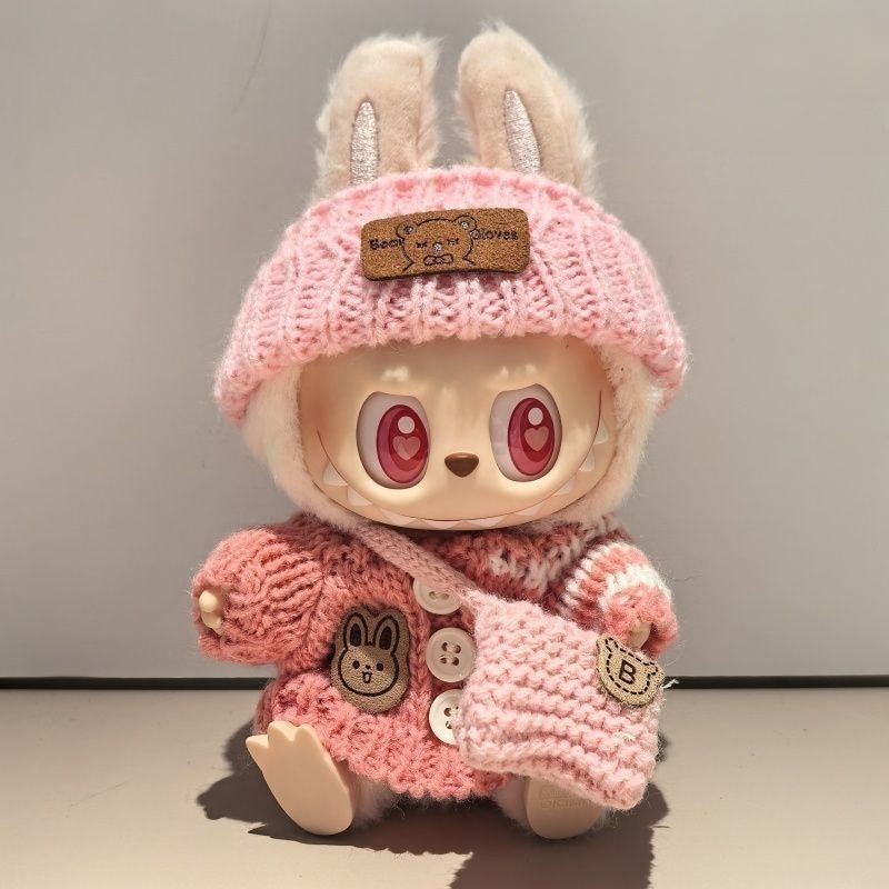KIKIBUDDIES Labubu Light Pink Knit Set - Hooded Hat + Striped Cardigan + Bag