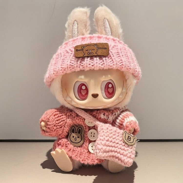 KIKIBUDDIES Labubu Light Pink Knit Set - Hooded Hat + Striped Cardigan + Bag