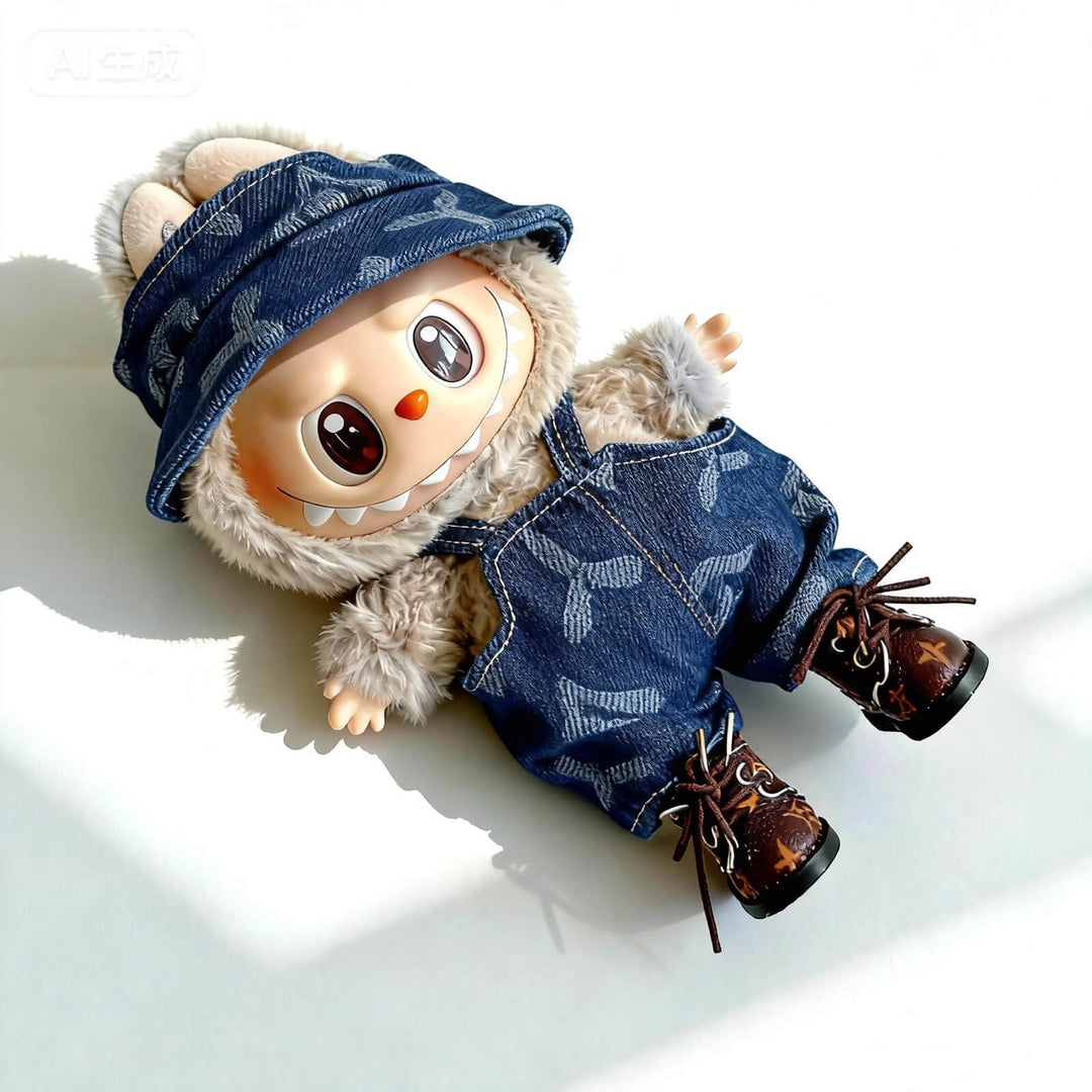 KIKIBUDDIES  Labubu Luxe Denim Outfit Set Dark blue – Bucket Hat + Overalls