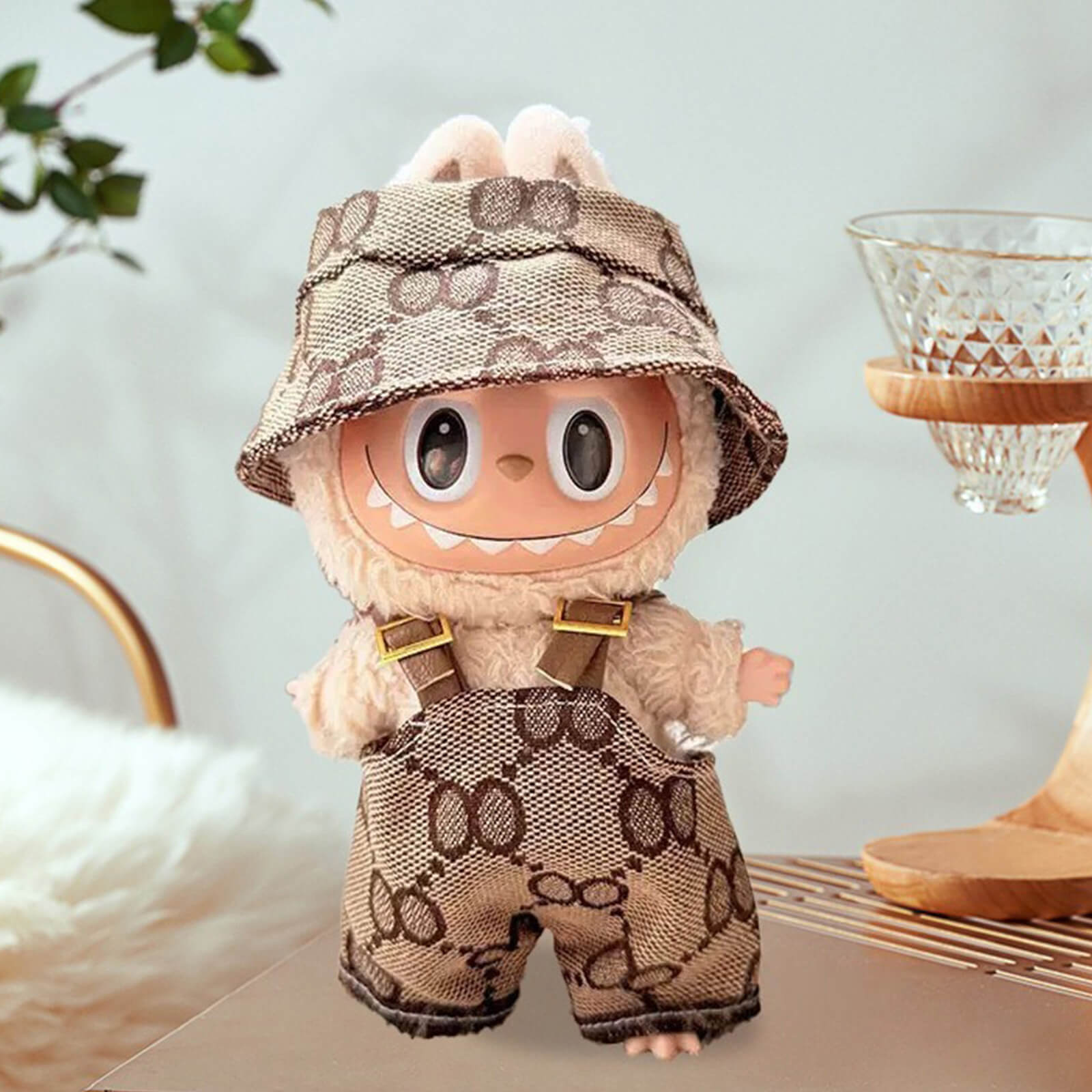 KIKIBUDDIES Labubu Luxe Patterned Set Brown – Bucket Hat + Overalls