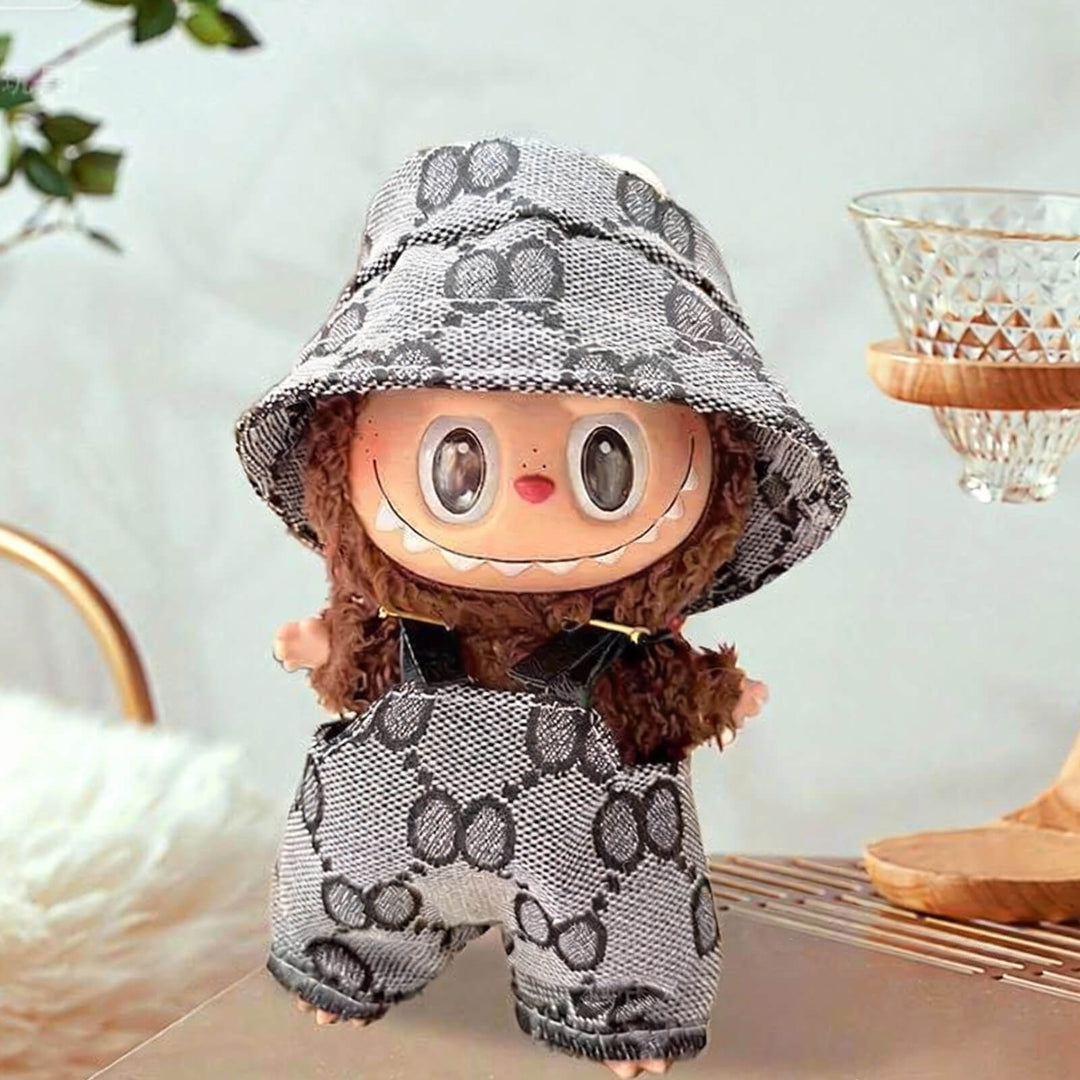 KIKIBUDDIES Labubu Luxe Patterned Set Gray – Bucket Hat + Overalls