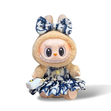 KIKIBUDDIES Labubu Luxury Tweed Set - Plaid Bow Headpiece + Checkered Dress