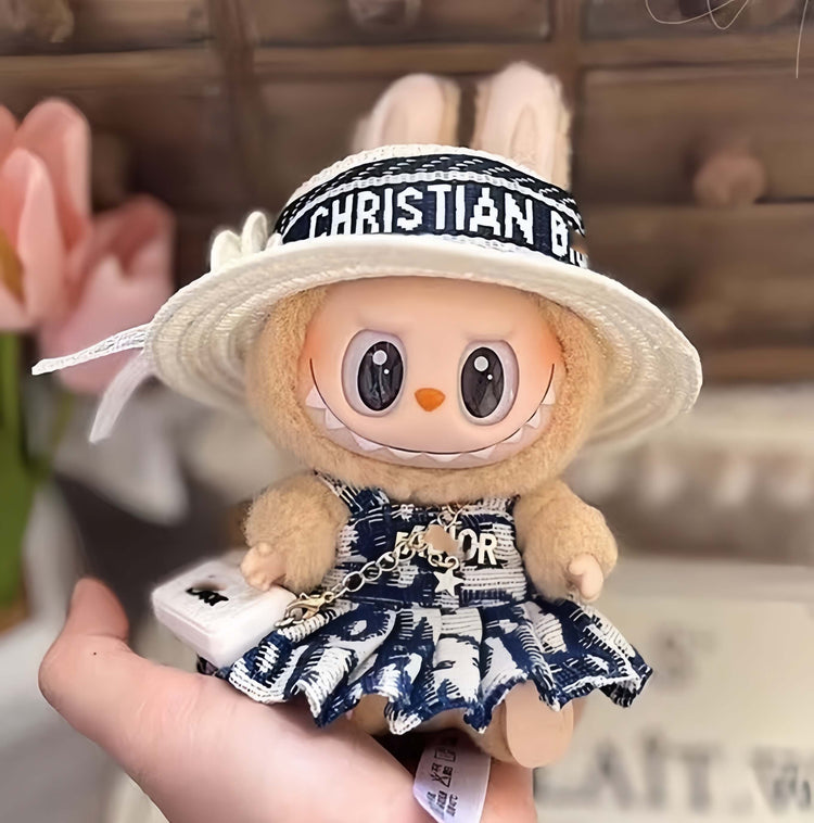 KIKIBUDDIES Labubu Luxury Tweed Set - Straw Hat + Denim Tweed Dress + Mini Bag