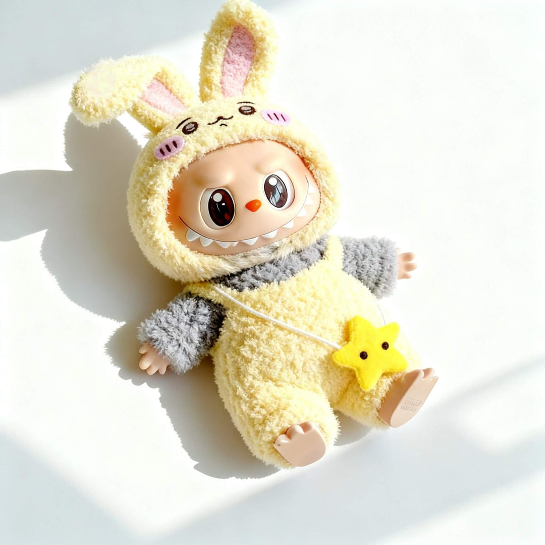 KIKIBUDDIES Labubu Yellow Usagi Bunny Outfit Set – Hood + Plush Jumpsuit