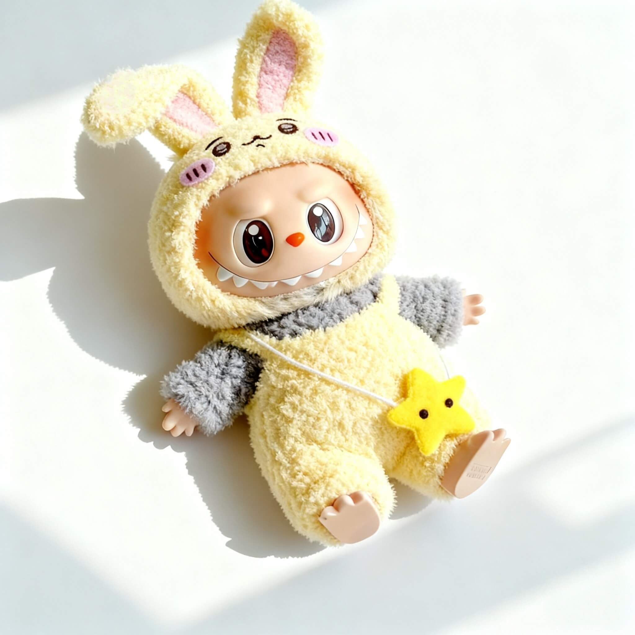 KIKIBUDDIES Labubu Yellow Usagi Bunny Outfit Set – Hood + Plush Jumpsuit