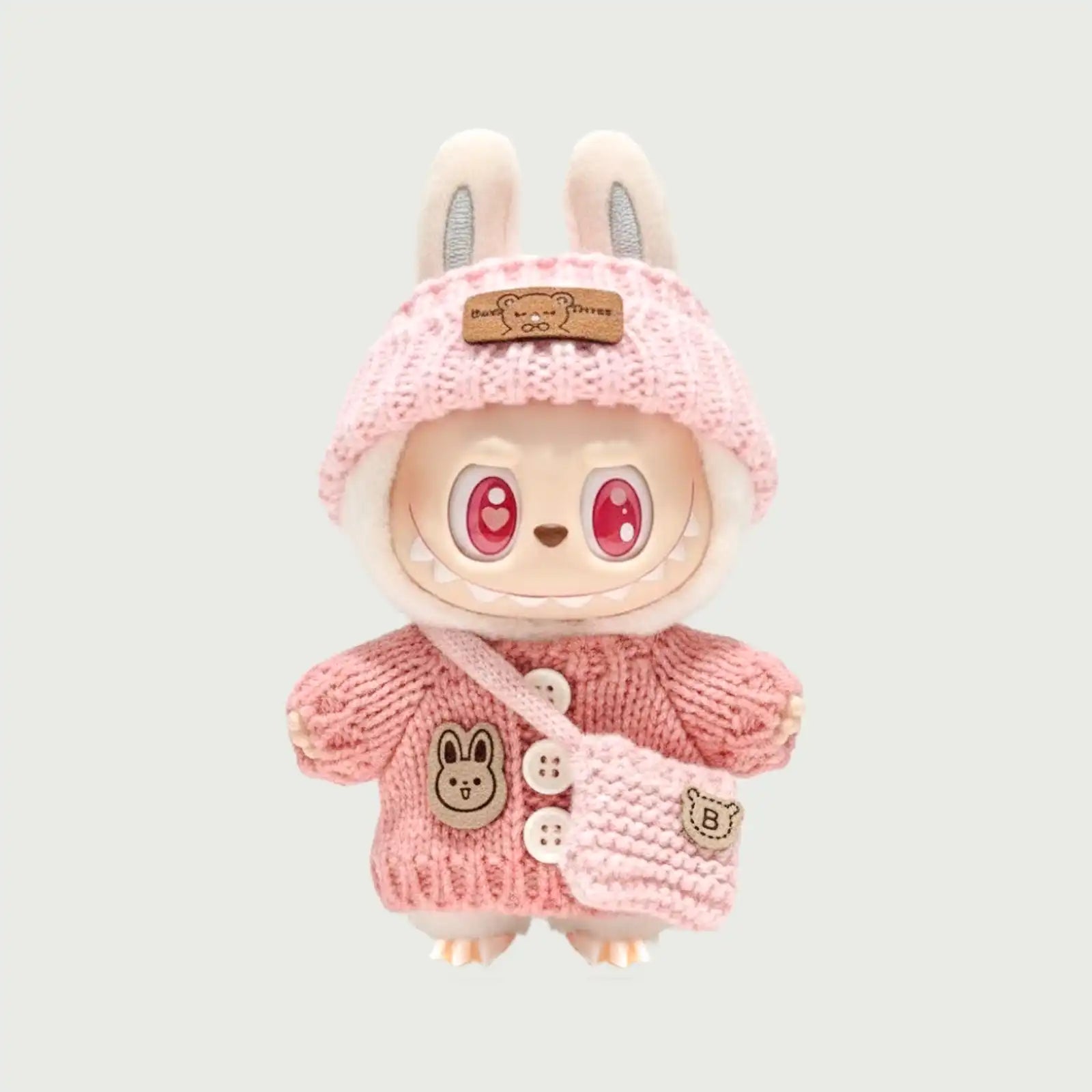 Kikibuddies Labubu Light Pink Knit Set - Hooded Hat + Striped Cardigan + Bag