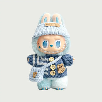 Kikibuddies Labubu Light Blue Knit Set - Hooded Hat + Striped Cardigan + Bag