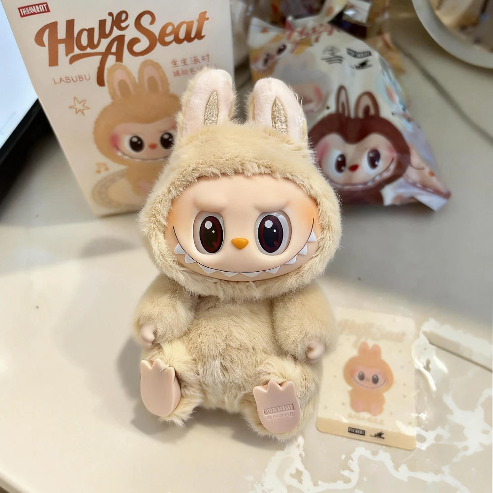 Handmade white knit doll outfit for Labubu 17cm featuring rainbow buttons, a matching beanie, and a heart crossbody bag.