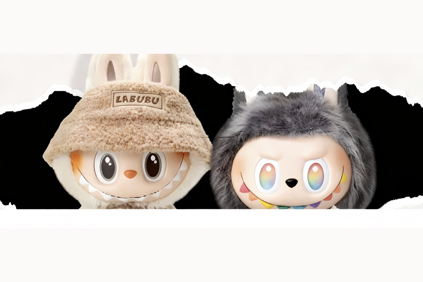 Two cartoon characters with colorful eyes and hats, one labeled 'LABUBU', on a white background.
