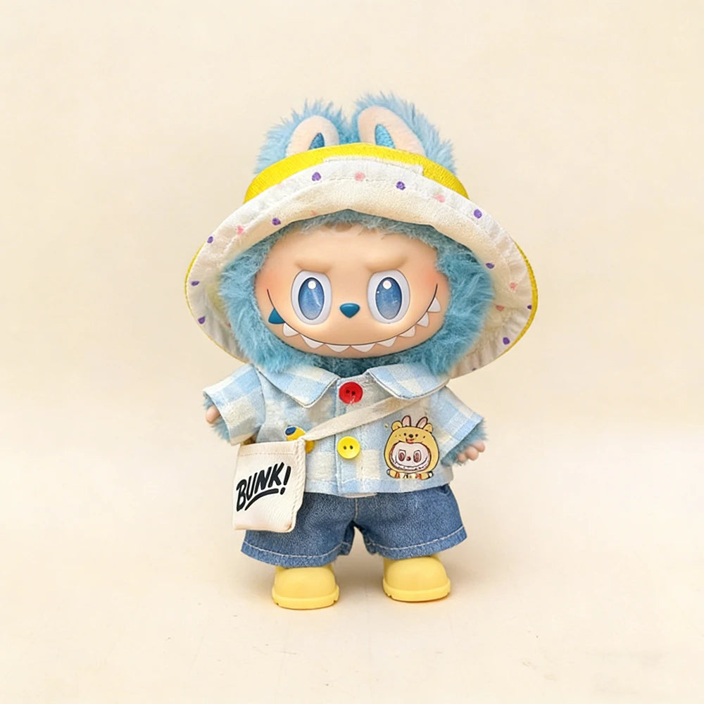 Little Yellow Dog Adventure: 5-Piece Casual Overalls & Sun Hat Set for Labubu