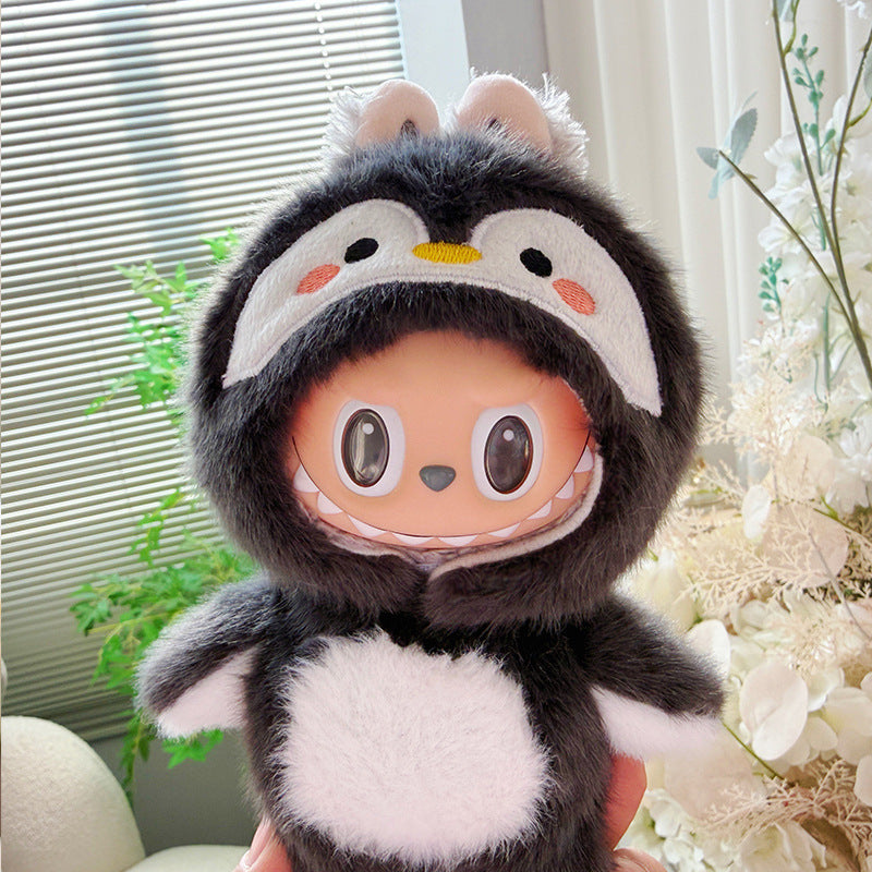 Labubu 17cm penguin onesie - close-up embroidered penguin face hood detail