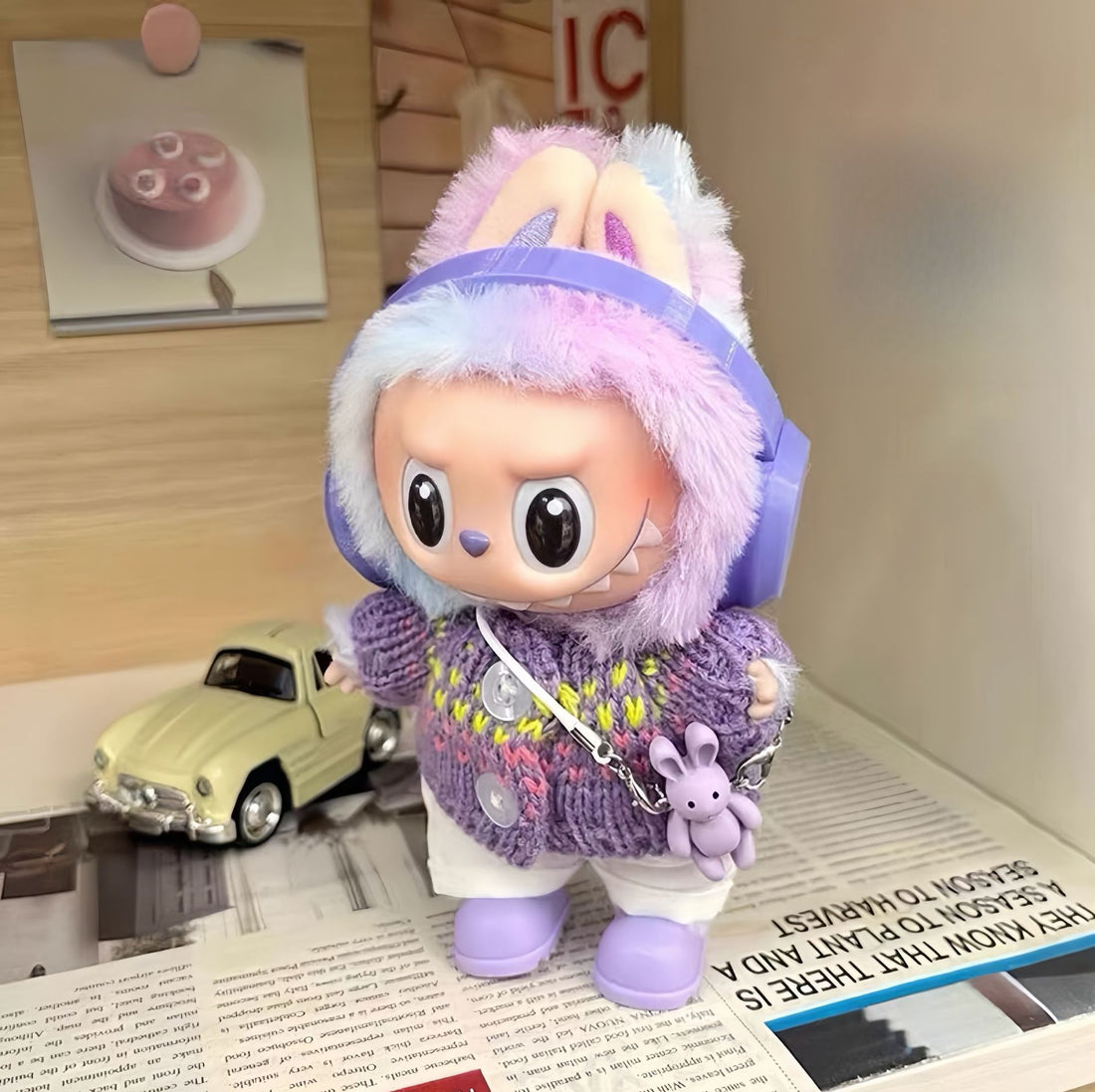 Plush Figure Bag Charm Purple Sweater with Headphones