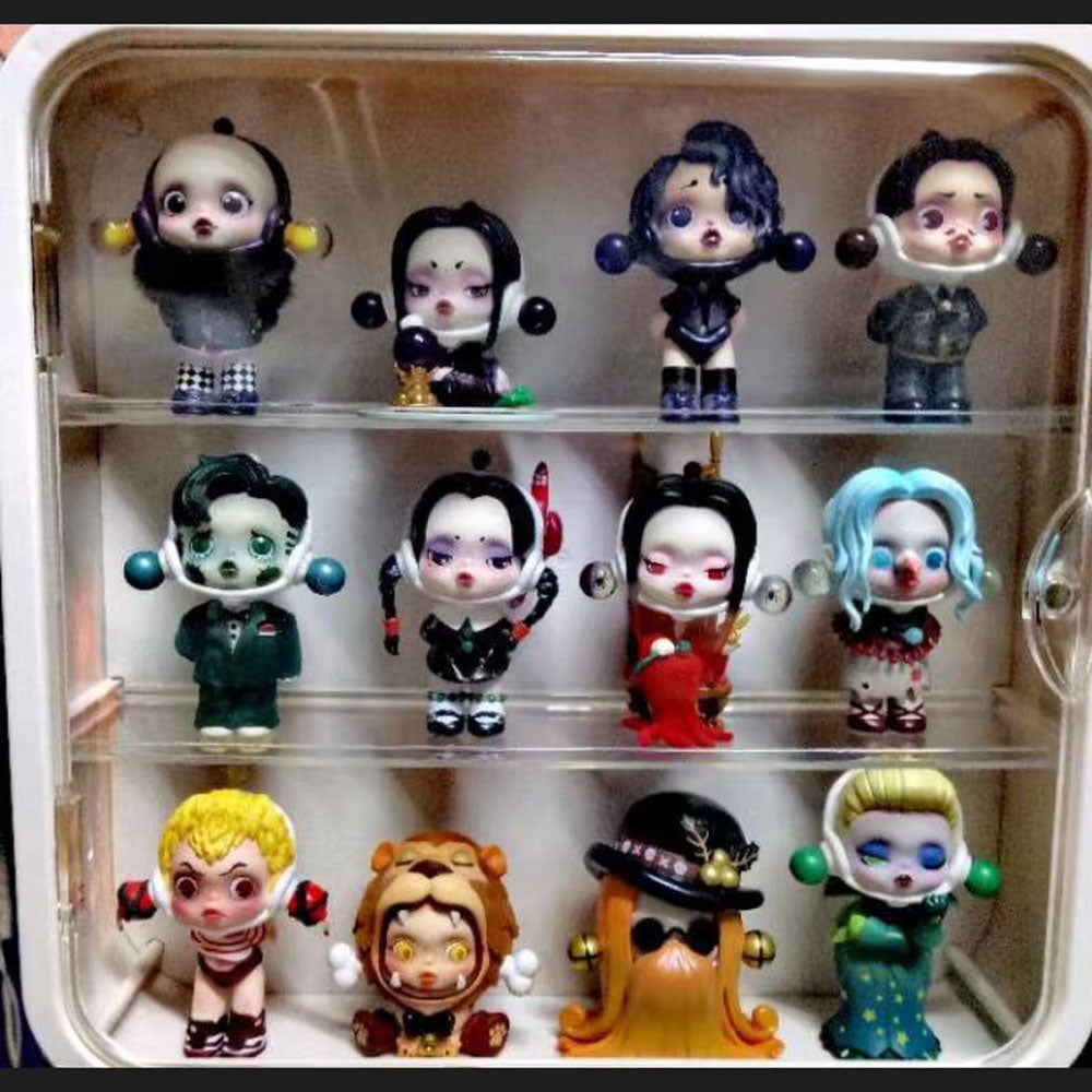 Skullpanda x The Addams Family series blind box figures including Wednesday, Morticia, and Uncle Fester.