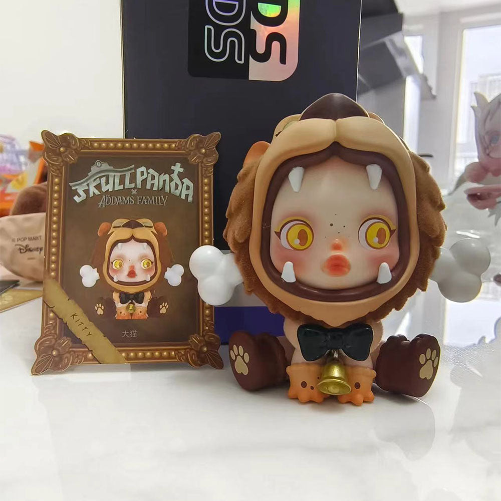 Skullpanda x The Addams Family series blind box figures including Wednesday, Morticia, and Uncle Fester.
