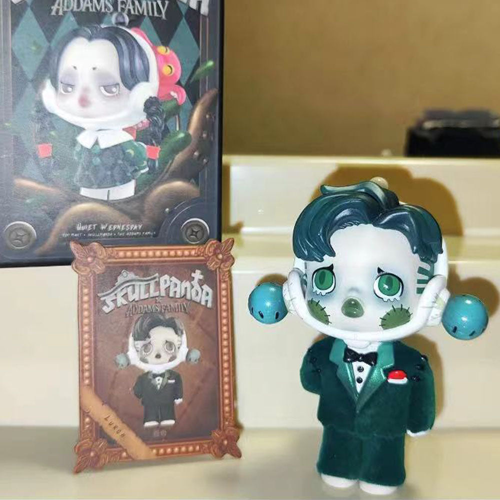 Skullpanda x The Addams Family series blind box figures including Wednesday, Morticia, and Uncle Fester.