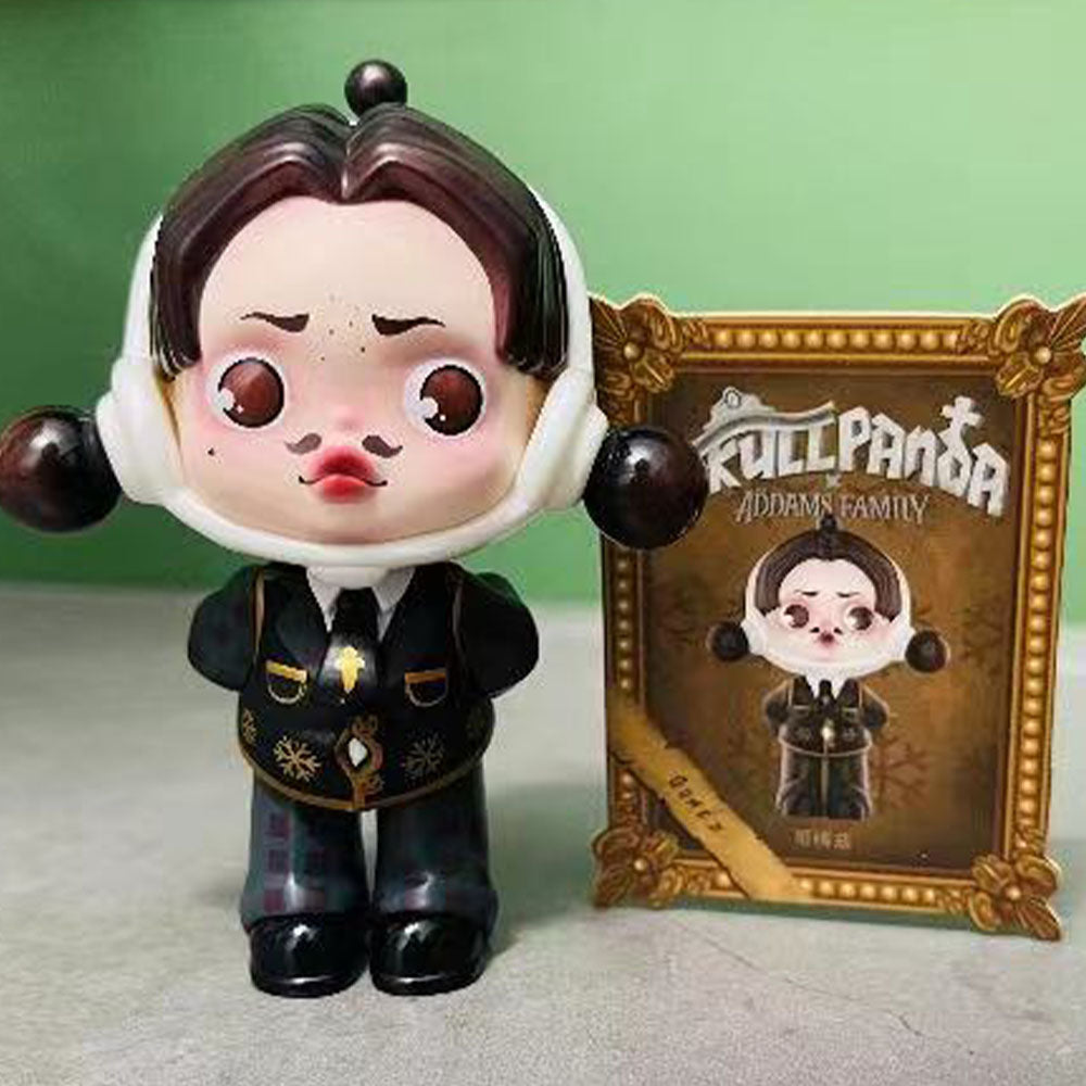 Skullpanda x The Addams Family series blind box figures including Wednesday, Morticia, and Uncle Fester.