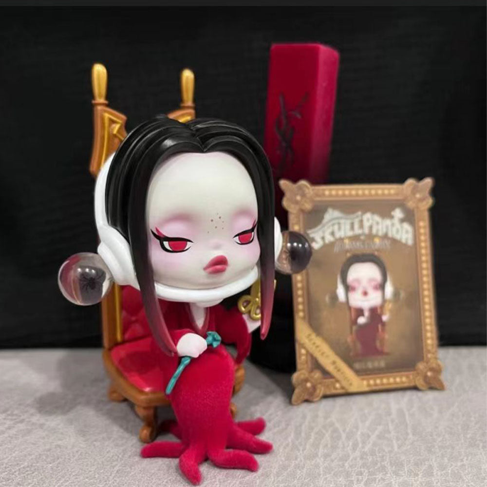Skullpanda x The Addams Family series blind box figures including Wednesday, Morticia, and Uncle Fester.