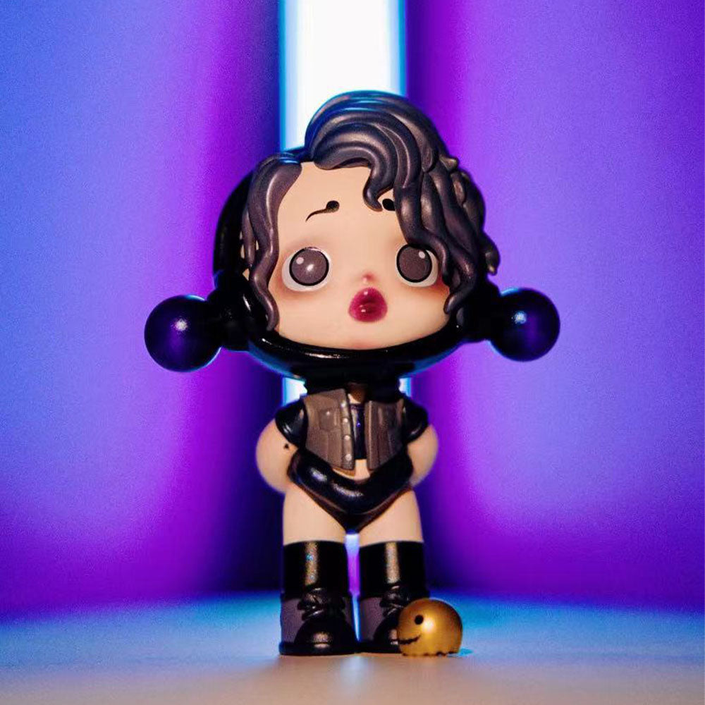 Skullpanda x The Addams Family series blind box figures including Wednesday, Morticia, and Uncle Fester.