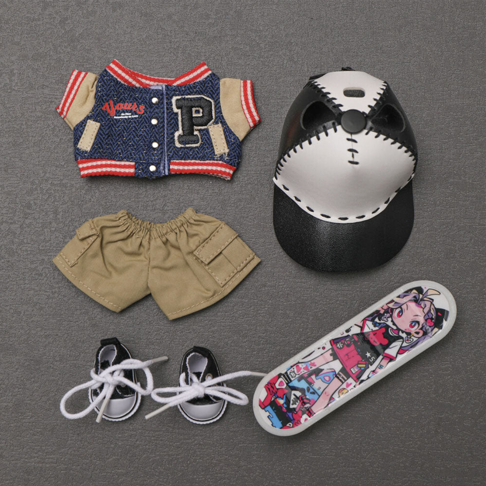 Urban Skater "Varsity" Edition for Labubu with Contrast Baseball Cap, Varsity, Letterman Jacket, Cargo Shorts, Canvas Sneakers, Graphic Skateboard