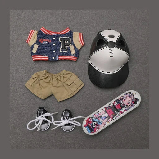 Urban Skater "Varsity" Edition for Labubu with Contrast Baseball Cap, Varsity, Letterman Jacket, Cargo Shorts, Canvas Sneakers, Graphic Skateboard
