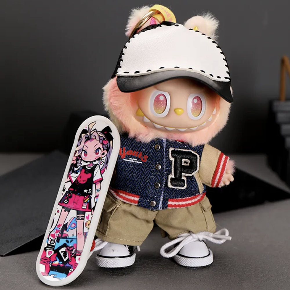 Urban Skater "Varsity" Edition for Labubu with Contrast Baseball Cap, Varsity, Letterman Jacket, Cargo Shorts, Canvas Sneakers, Graphic Skateboard