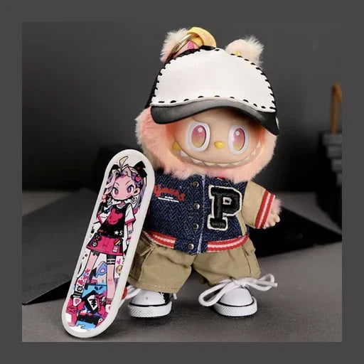 Urban Skater "Varsity" Edition for Labubu with Contrast Baseball Cap, Varsity, Letterman Jacket, Cargo Shorts, Canvas Sneakers, Graphic Skateboard