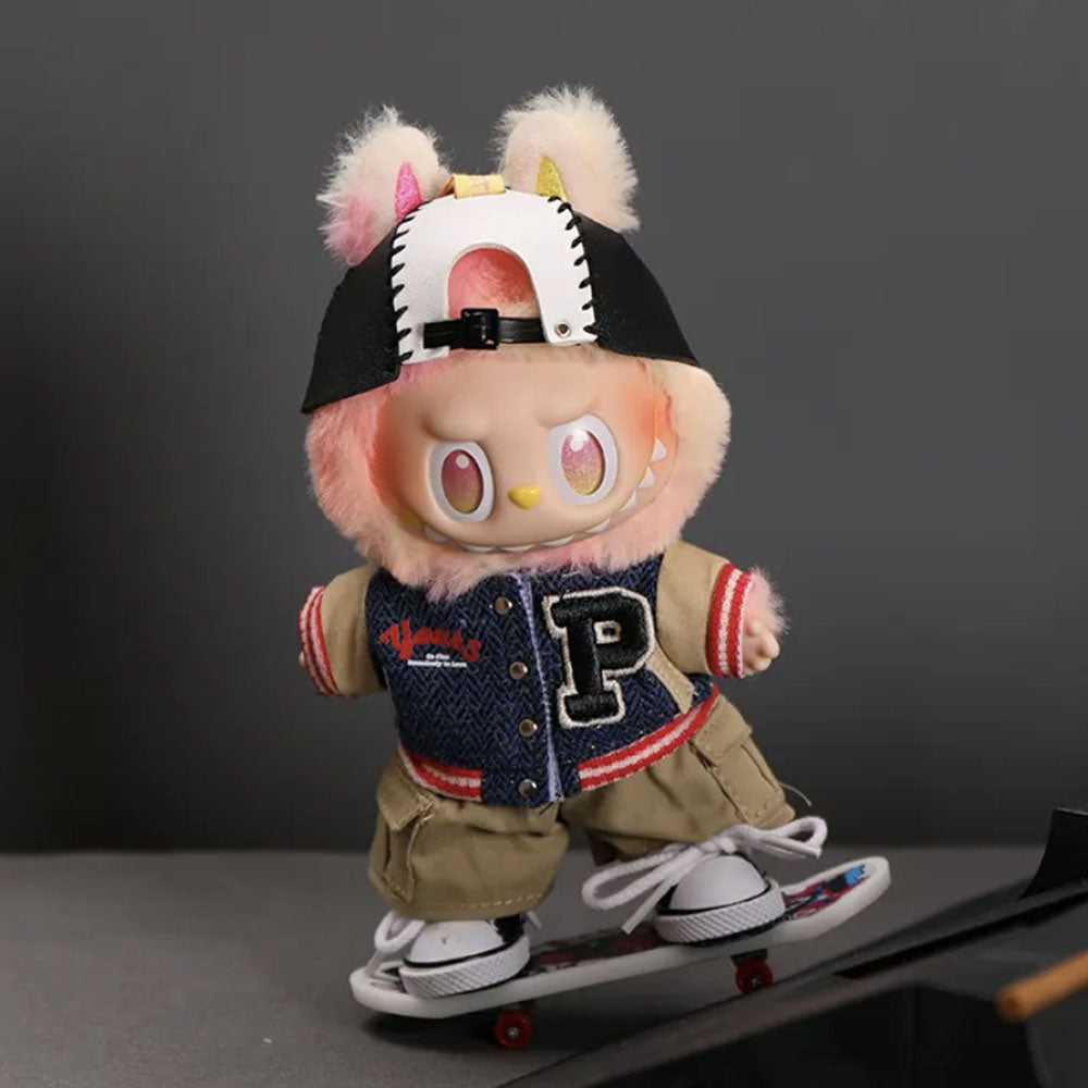 Urban Skater "Varsity" Edition for Labubu with Contrast Baseball Cap, Varsity, Letterman Jacket, Cargo Shorts, Canvas Sneakers, Graphic Skateboard