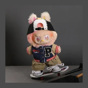 Urban Skater "Varsity" Edition for Labubu with Contrast Baseball Cap, Varsity, Letterman Jacket, Cargo Shorts, Canvas Sneakers, Graphic Skateboard