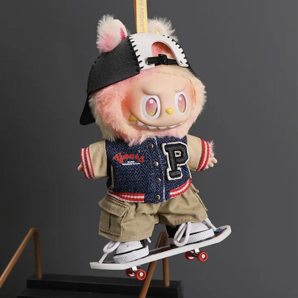 Urban Skater "Varsity" Edition for Labubu with Contrast Baseball Cap, Varsity, Letterman Jacket, Cargo Shorts, Canvas Sneakers, Graphic Skateboard