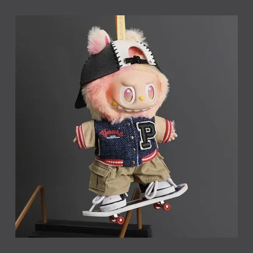 Urban Skater "Varsity" Edition for Labubu with Contrast Baseball Cap, Varsity, Letterman Jacket, Cargo Shorts, Canvas Sneakers, Graphic Skateboard
