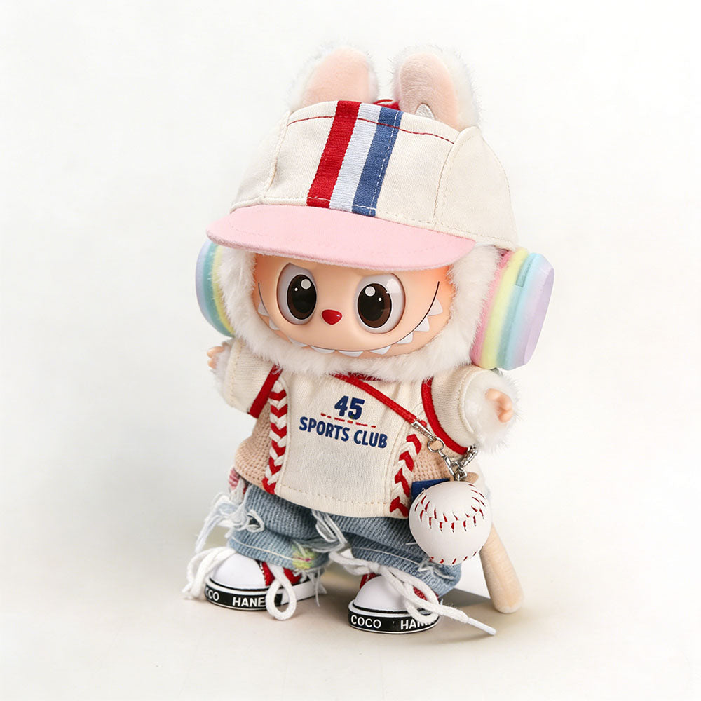 Varsity All-Star Style Retro Baseball Jersey & Distressed Denim for Labubu 17cm