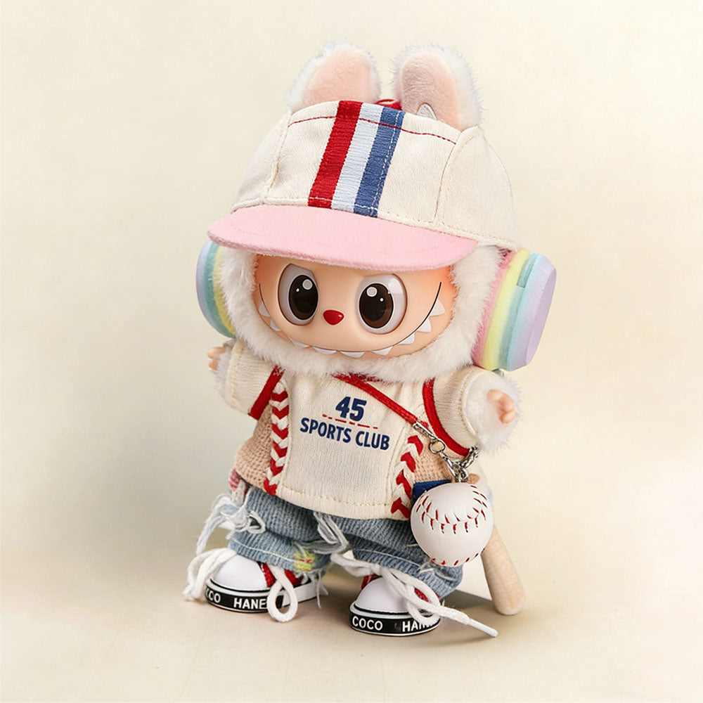 Varsity All-Star Style Retro Baseball Jersey & Distressed Denim for Labubu 17cm