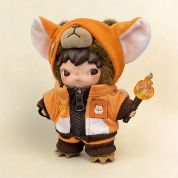 Hirono "Fighting for Joy" Fox Tech-Wear Set — fox-eared utility hoodie and zip-up adventure jumpsuit in Ash Grey, curated gorpcore styling for Hirono 17cm art toy
