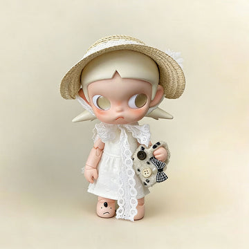 Zsiga 1/8 BJD "Provence Holiday" lace dress styled on figure — voluminous ivory lace gown with flowing ribbon ties and woven straw hat, cottagecore toy photography display