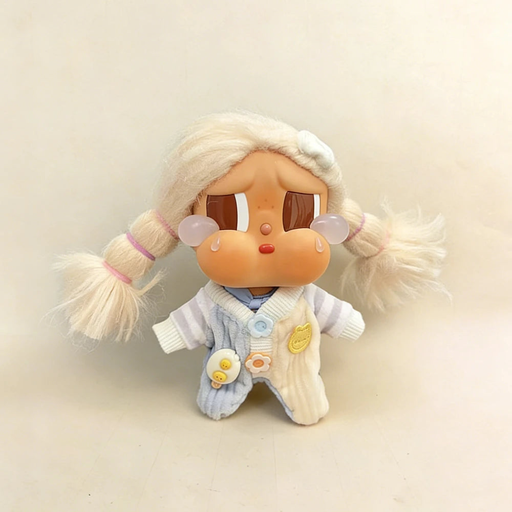 Adorable Striped Varsity Collection: Soft Plush Hooded Jumpsuit for Crybaby - Blue doll outfit front view | KikiBuddies