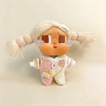 Adorable Striped Varsity Collection: Soft Plush Hooded Jumpsuit for Crybaby - Pink doll outfit main product card | KikiBuddies