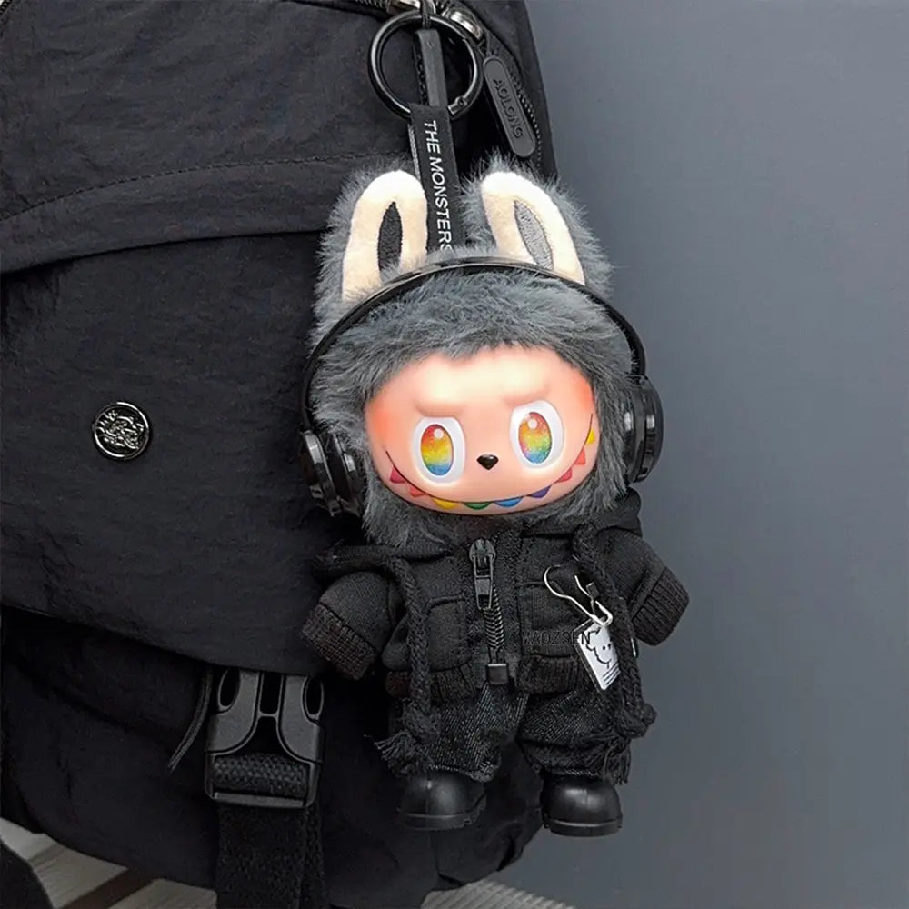 All-Black Bear Zip Hoodie 4-Piece Set for Labubu 17cm - front view | KikiBuddies