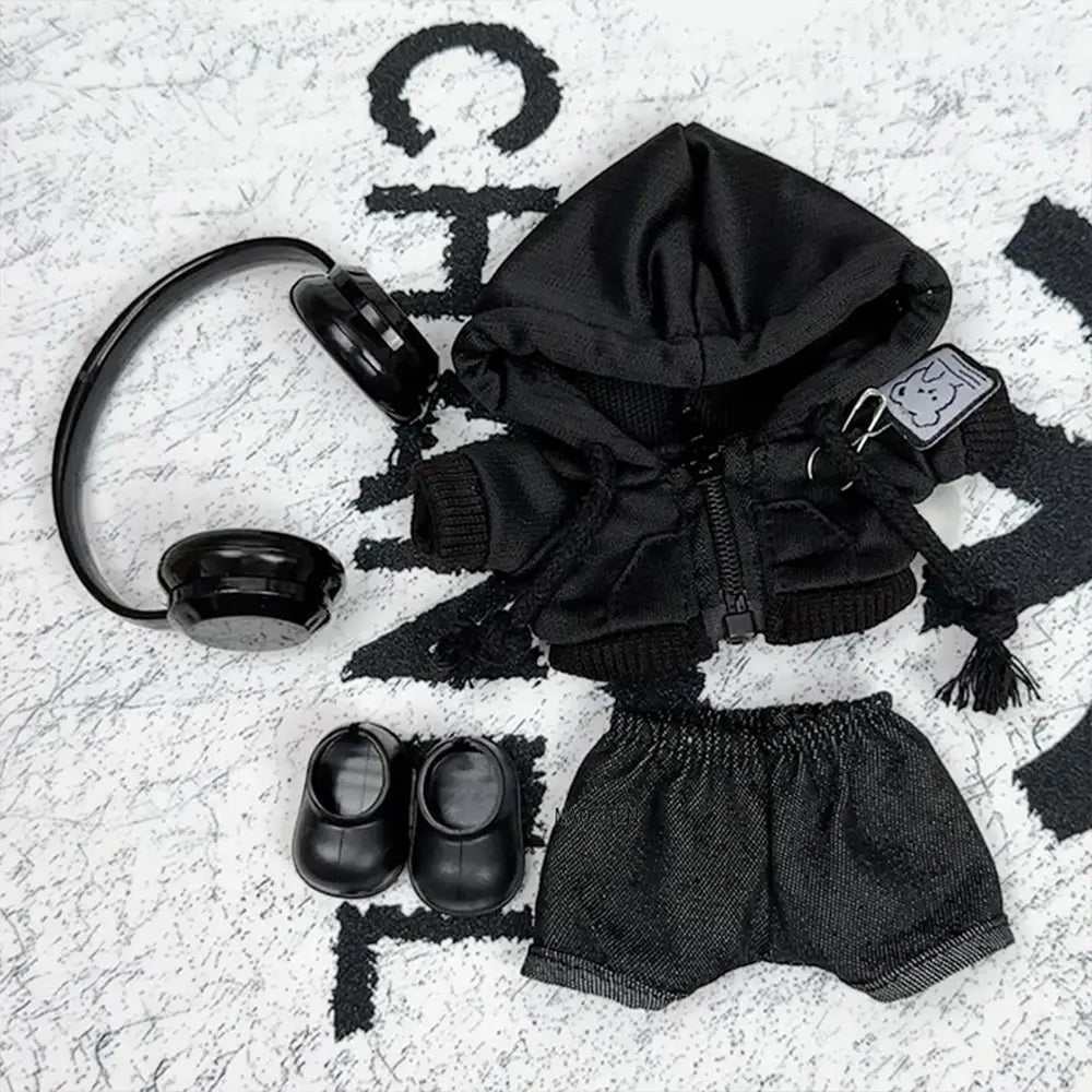 All-Black Bear Zip Hoodie 4-Piece Set for Labubu 17cm - detail view | KikiBuddies