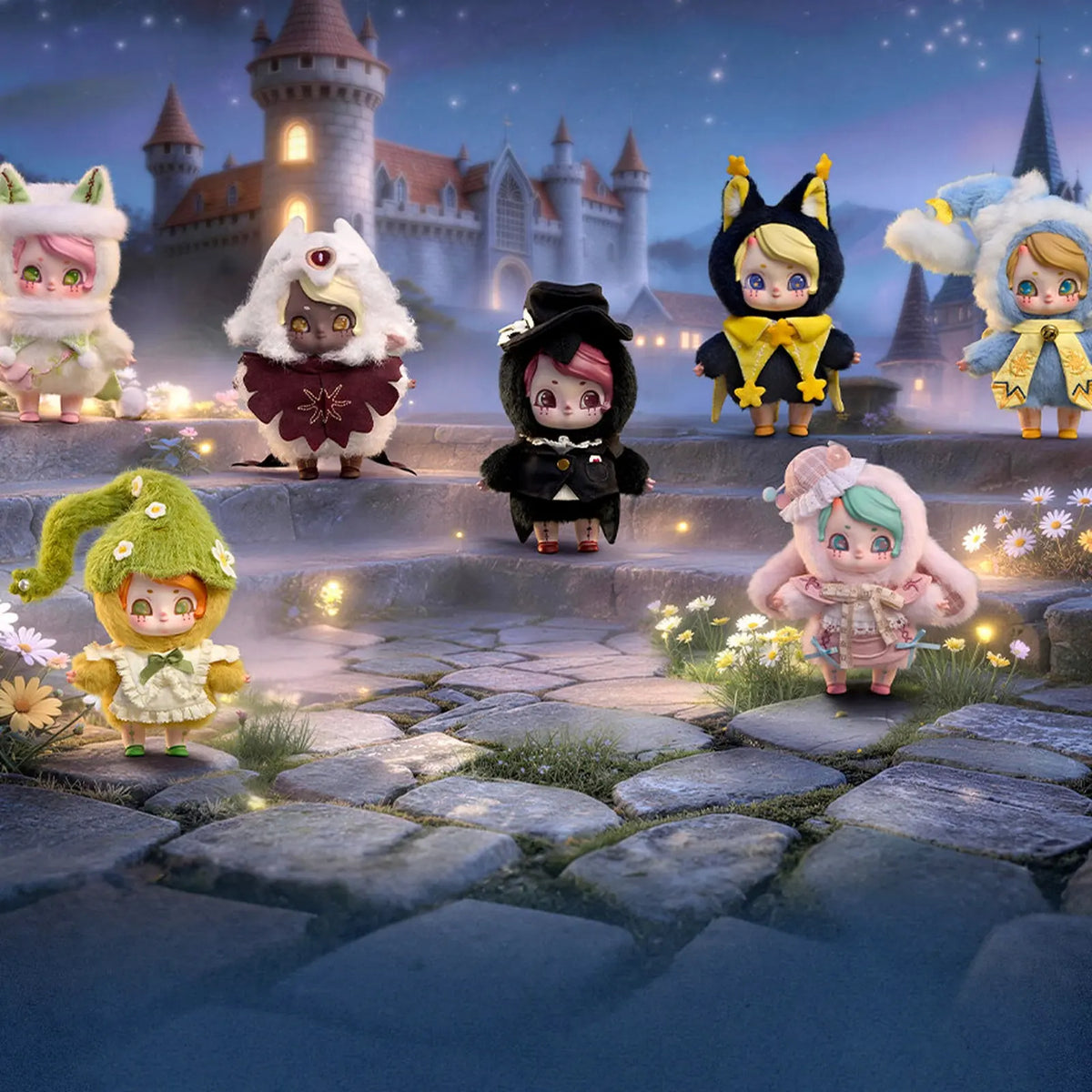 Whispering Night Town series scene with multiple example designs; pictured group is not supplied contents