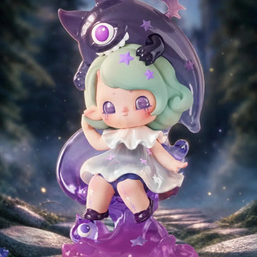 Green-haired figure design example with a purple creature-shaped hood; random design not guaranteed