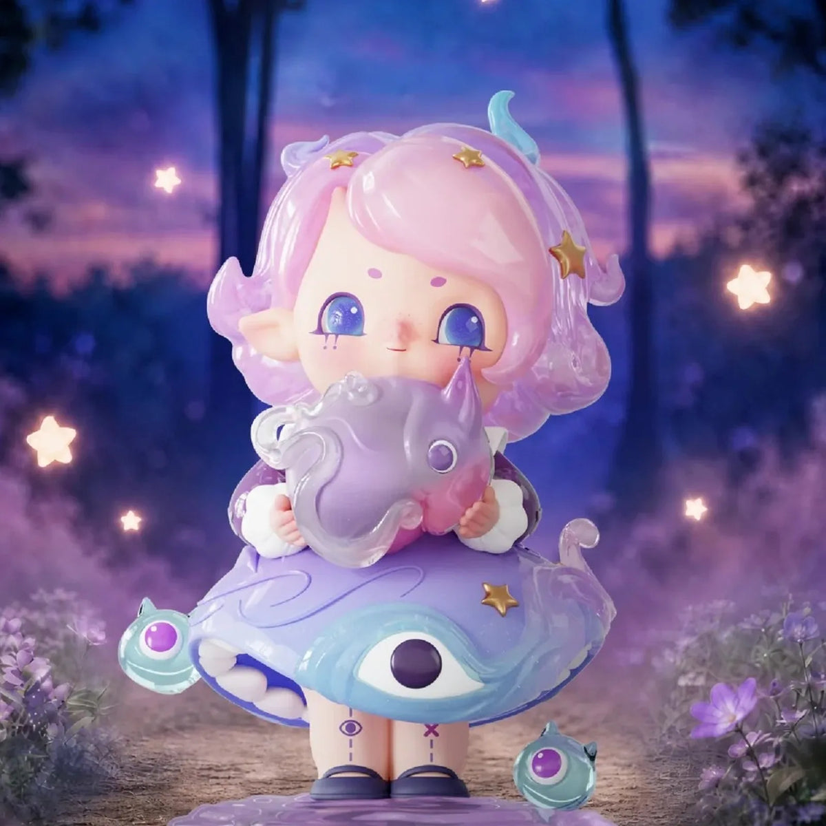 Pink-haired figure design example in a purple forest scene; random design not guaranteed