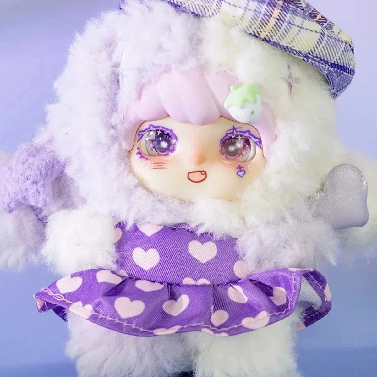 Lokiki Sweety2 purple heart-patterned dress and checked-hat design in a close-up view; random design is not guaranteed.