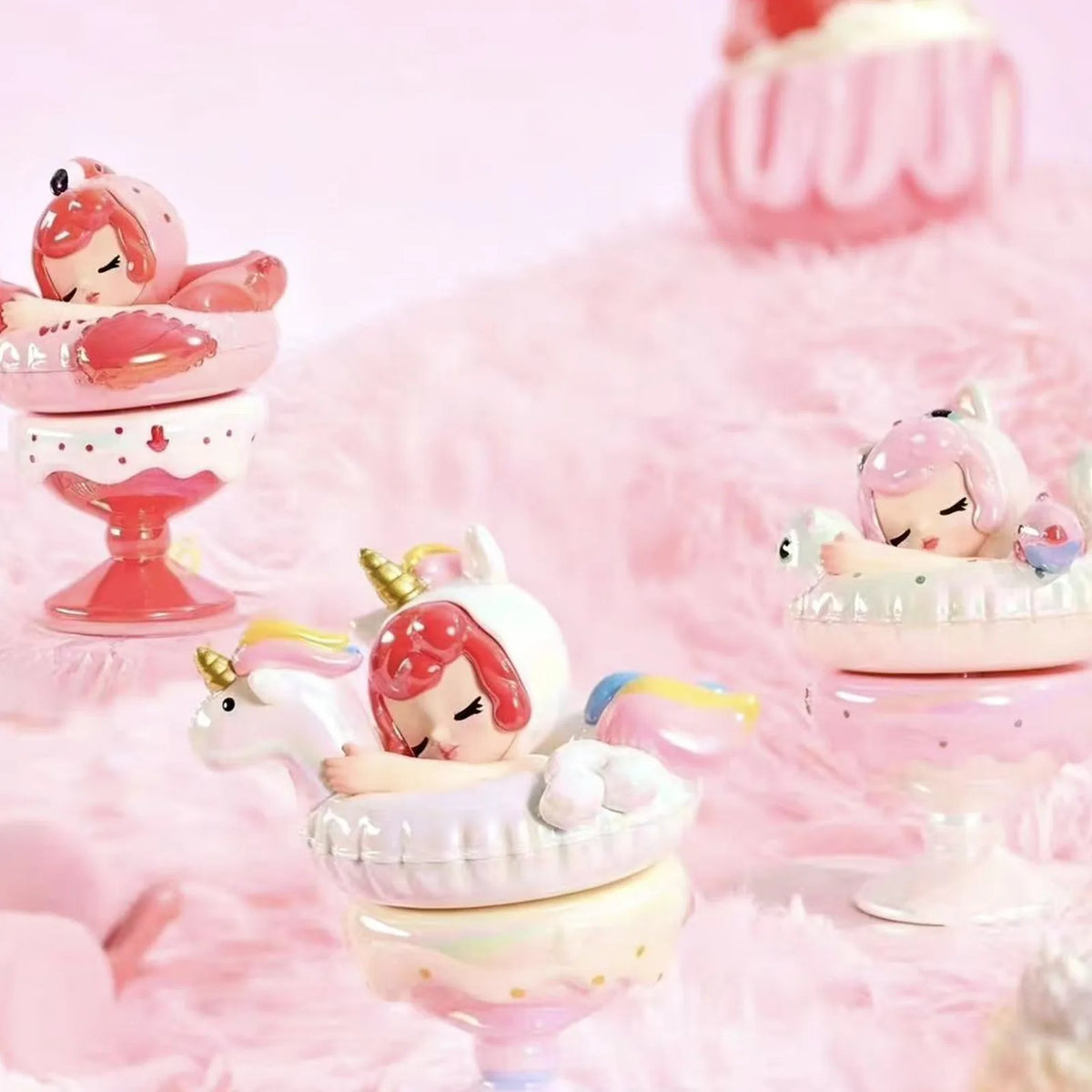 Pink dessert-themed figure design examples; pictured group is not supplied contents