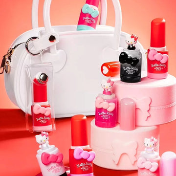 Hello Kitty miniature design examples in a pink display scene; pictured group is not supplied contents