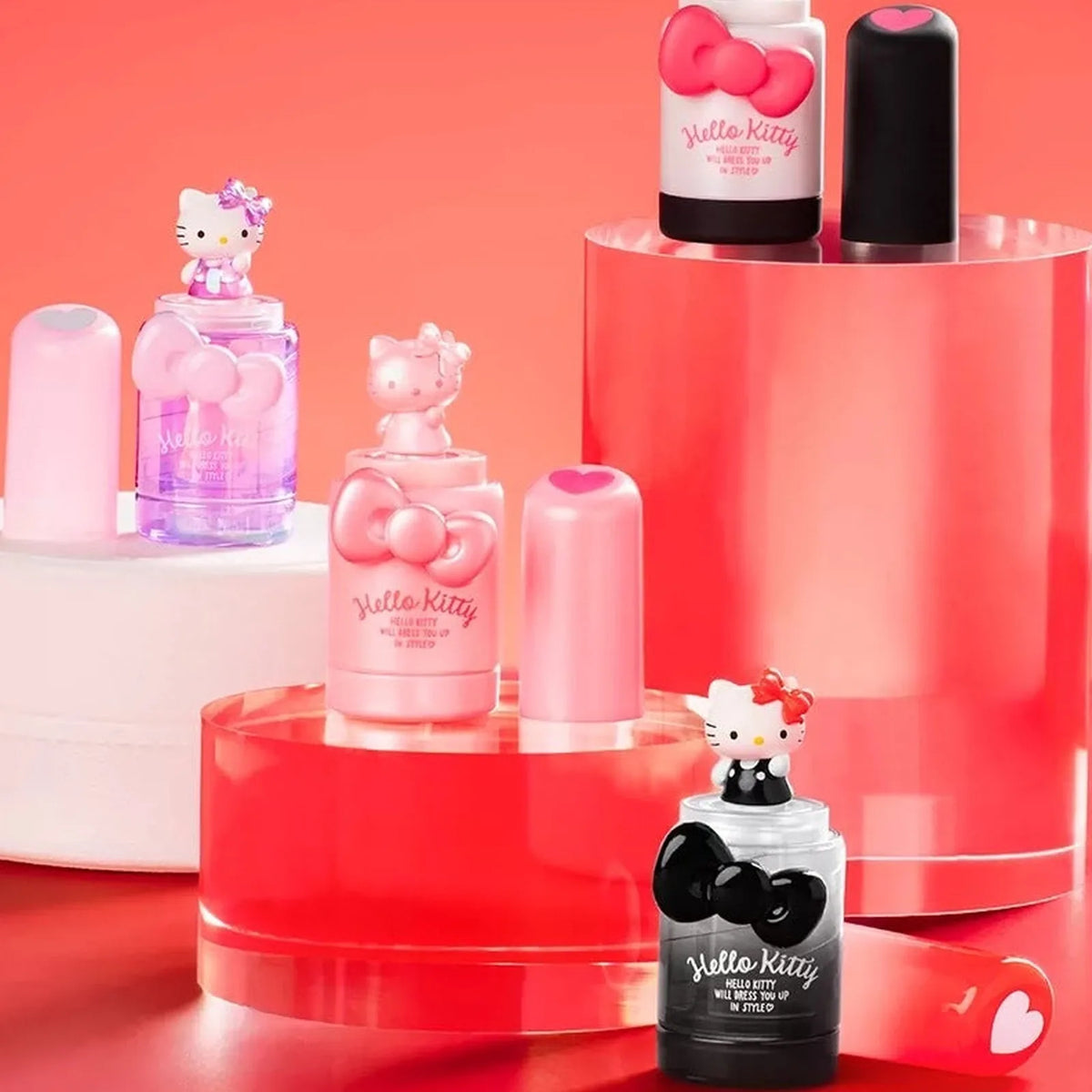 Hello Kitty miniature design examples on red display steps; designs shown are illustrative