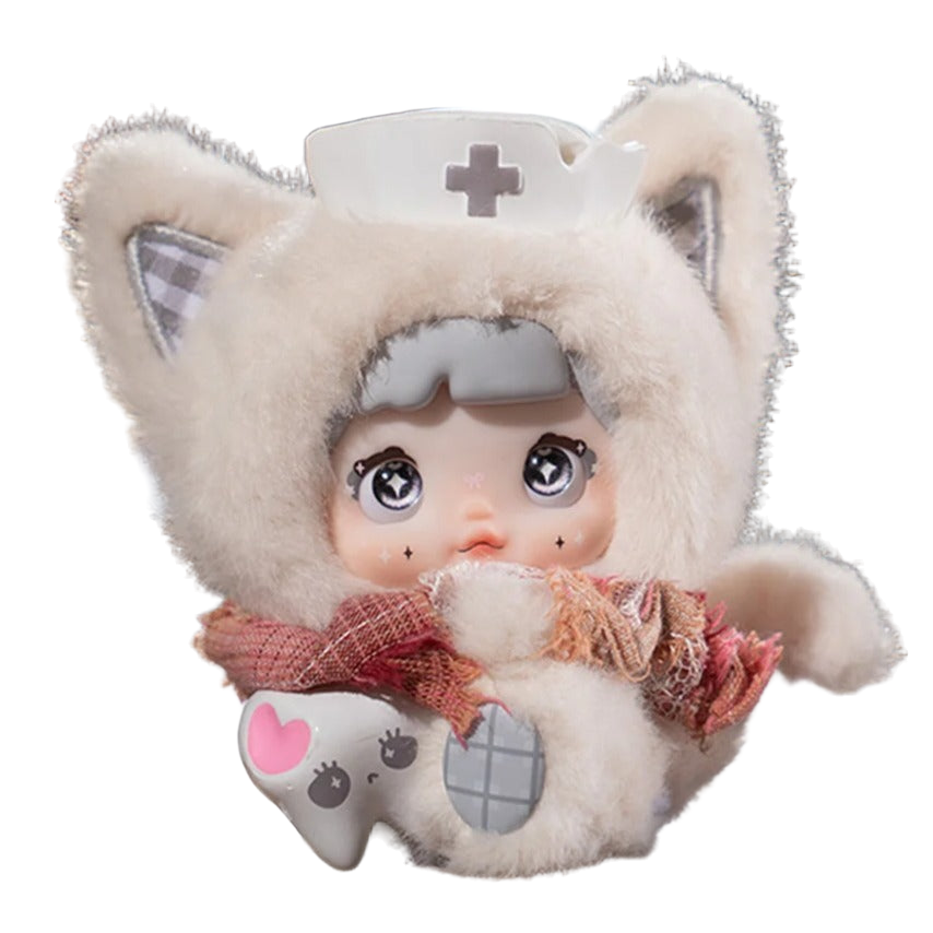 Acheo plush doll with a cross-marked cap, pink scarf and tooth-shaped ornament on a white background